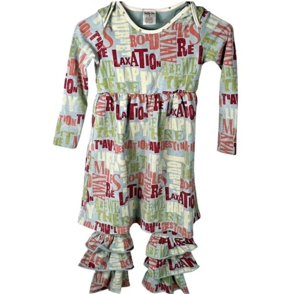 Matilda Jane Girls Size 8 Road Trip Typography Dress & Ruffle Leggings‎ Set Blue